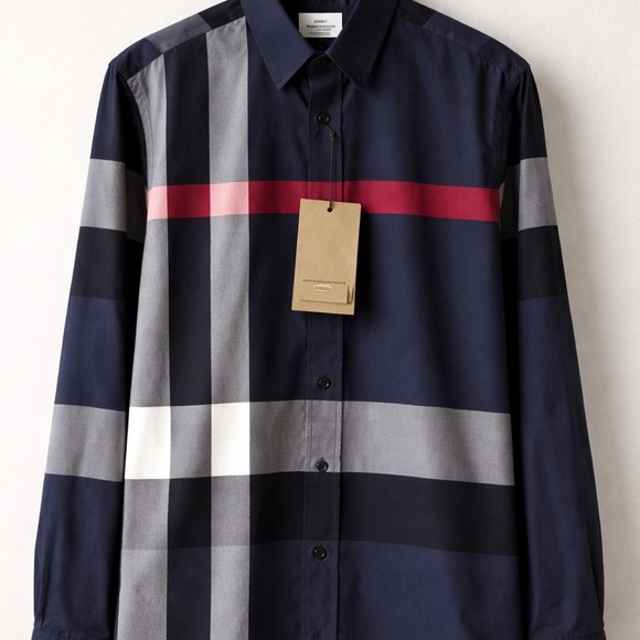 Burberry Navy and Red Plaid Button Down Shirt